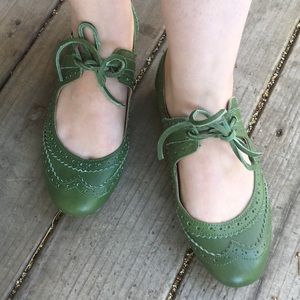 Livie & Luca Green Leather Brogue Tie Flats